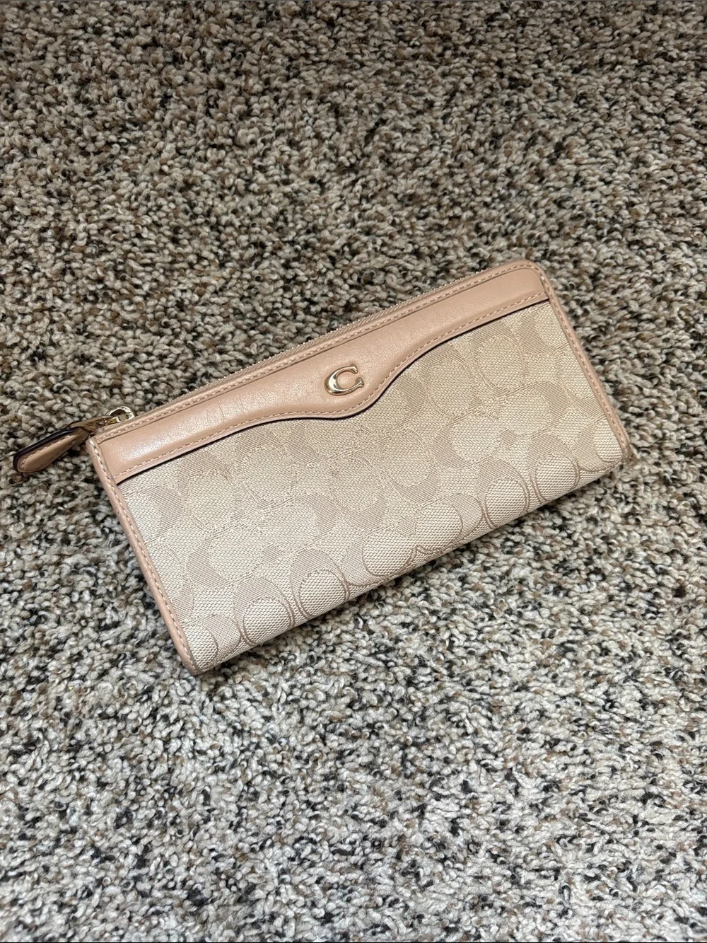 Coach Signature Canvas Zip-Around Wallet in Beige and Pale Pink